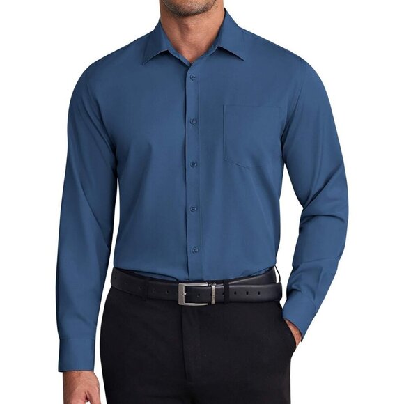 Men Blue Shirts Wrinkle Free Long Sleeve Button Down Shirt Formal Dress Shirt - Picture 1 of 6